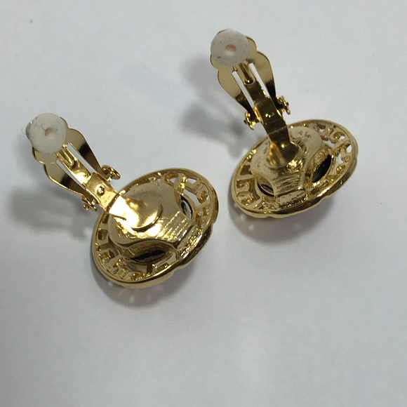 Gold Tone and Red Cabochons  Clip Earrings - Picture 3 of 4